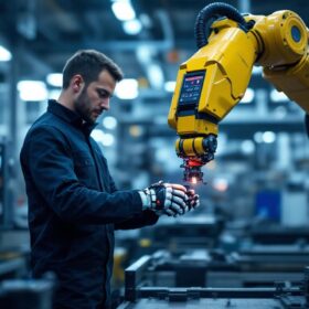 A photograph of a skilled technician operating an industrial robotic arm in a modern manufacturing environment