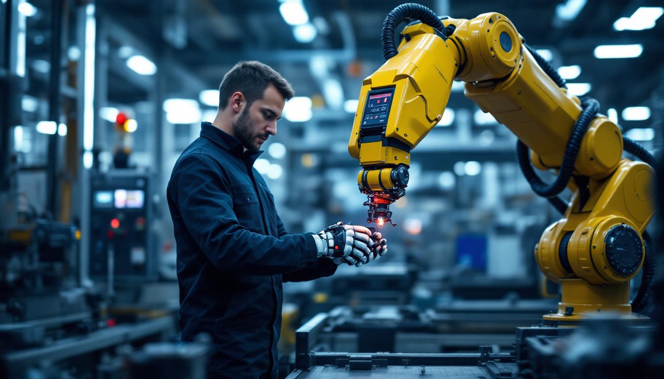 A photograph of a skilled technician operating an industrial robotic arm in a modern manufacturing environment
