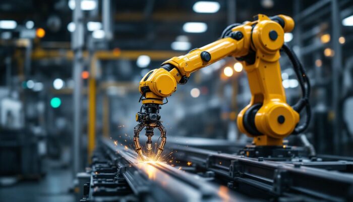 A photograph of a sleek industrial robotic arm in action