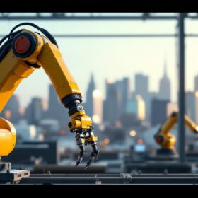 A photograph of a dynamic industrial robotic arm in action