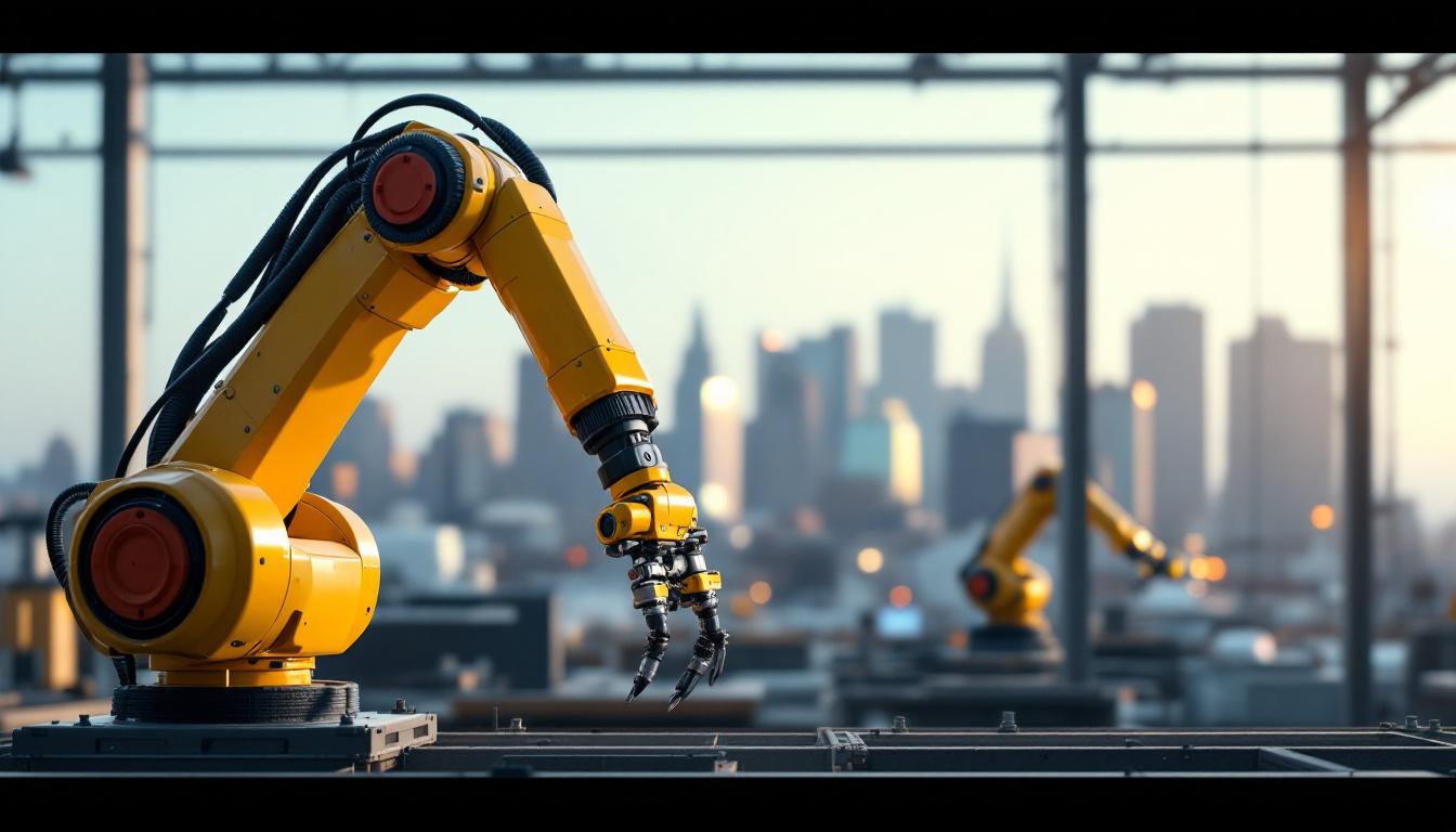 A photograph of a dynamic industrial robotic arm in action