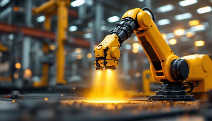 A photograph of a sleek industrial robotic arm in action