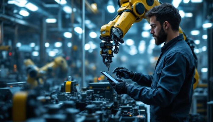 A photograph of a skilled technician programming or operating an industrial robotic manipulator in a modern factory setting