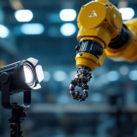 A photograph of a mini source four spotlight illuminating a robotic arm in an industrial setting
