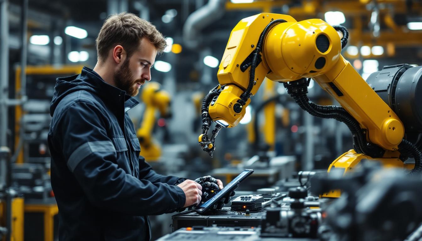 A photograph of a skilled engineer programming or operating an industrial robot in a modern manufacturing setting