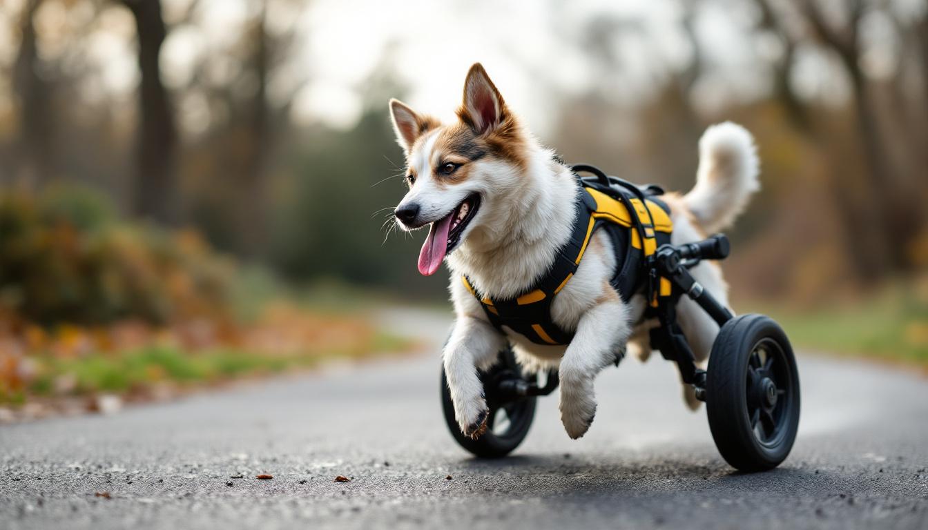 A photograph of a dog using back leg wheels in an outdoor setting