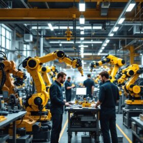 A photograph of a dynamic industrial robotics workspace in nyc
