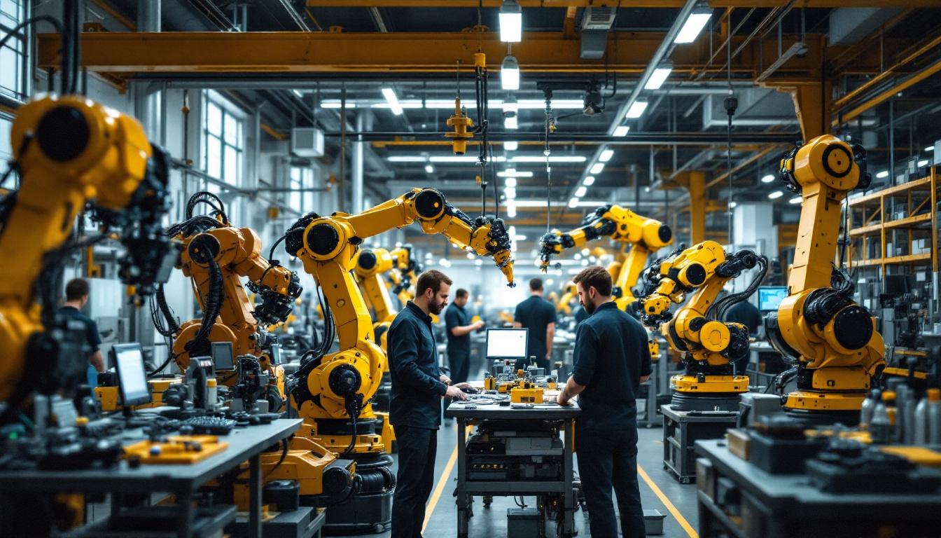 A photograph of a dynamic industrial robotics workspace in nyc