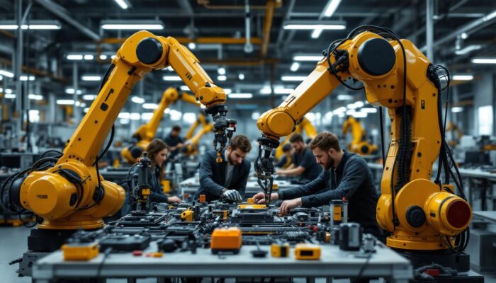 A photograph of capture a photograph of a dynamic industrial robotics workspace at the university of texas