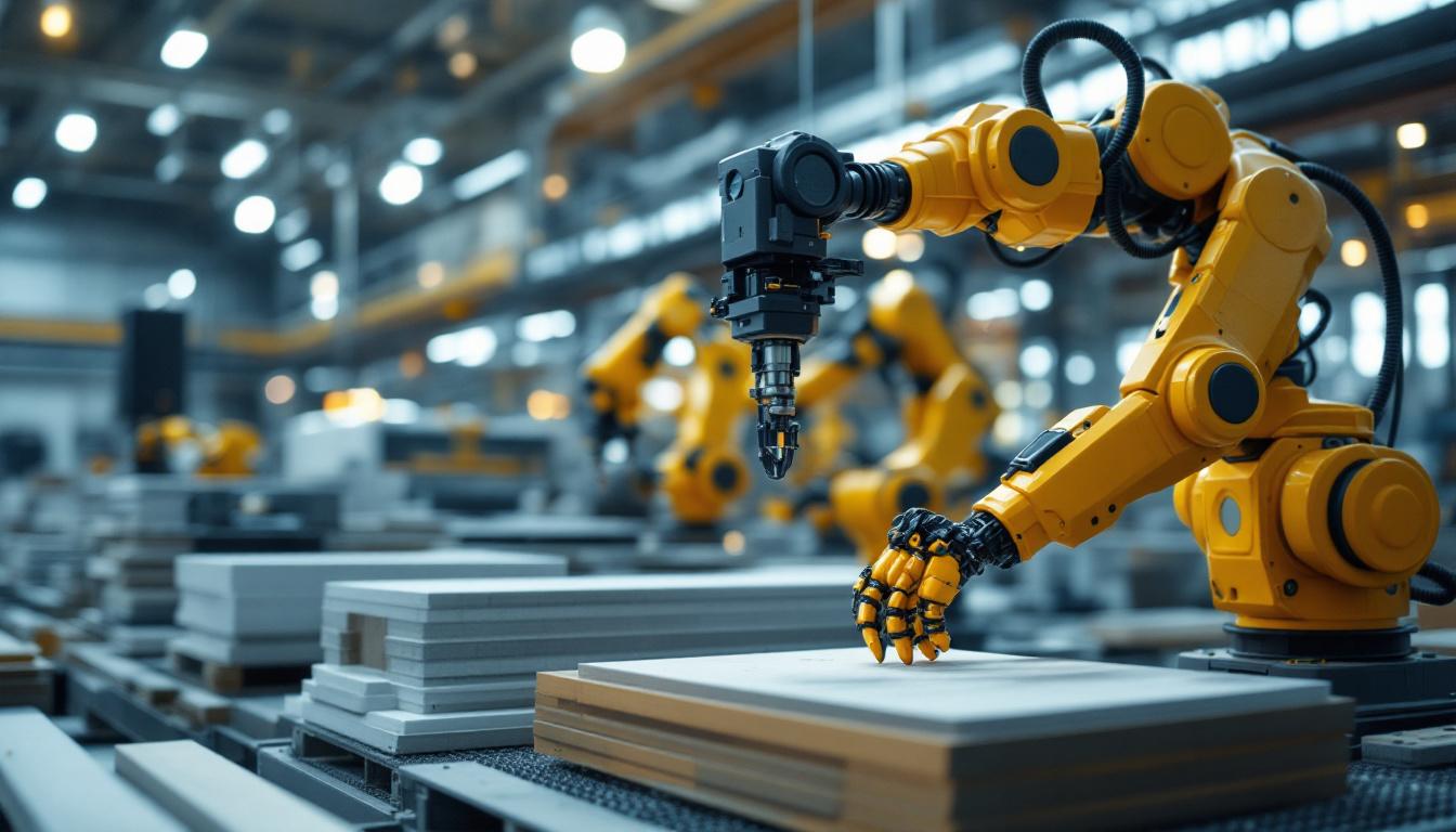 A photograph of a modern industrial setting showcasing advanced robotic systems in action