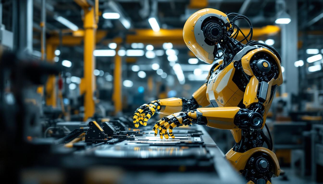 A photograph of a sleek industrial robot in action on a factory floor