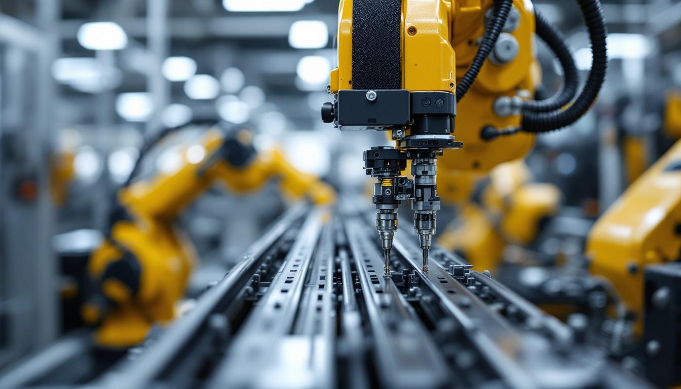 A photograph of a close-up view of t-slot rails integrated with an industrial robotic arm in a modern manufacturing setting