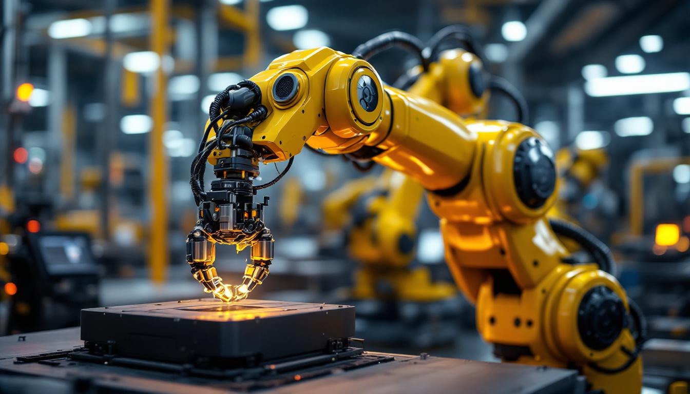 A photograph of a sleek industrial robotic arm in action