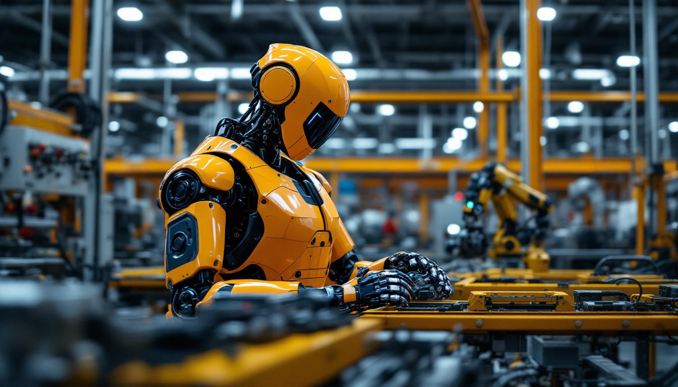 A photograph of a sleek industrial robot in action within a modern manufacturing facility