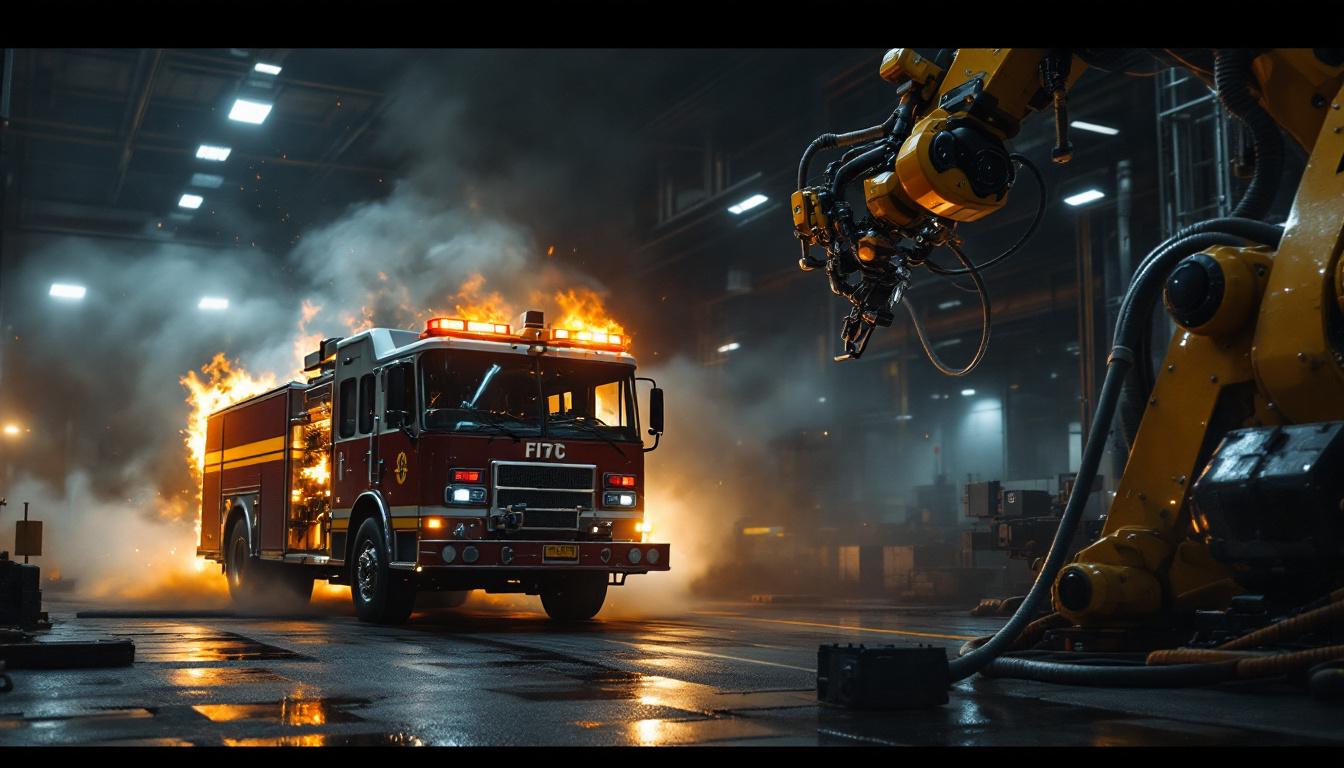 A photograph of a dramatic scene featuring a fire truck responding to a car fire in an industrial area of boston