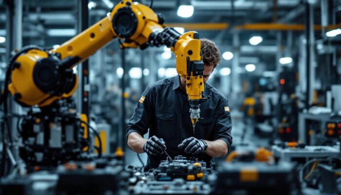 A photograph of a skilled technician working on an industrial robot in a modern manufacturing environment