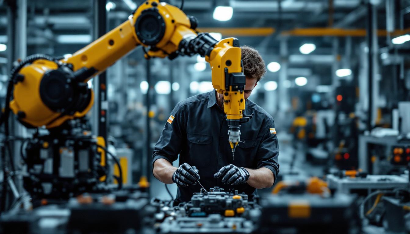 A photograph of a skilled technician working on an industrial robot in a modern manufacturing environment