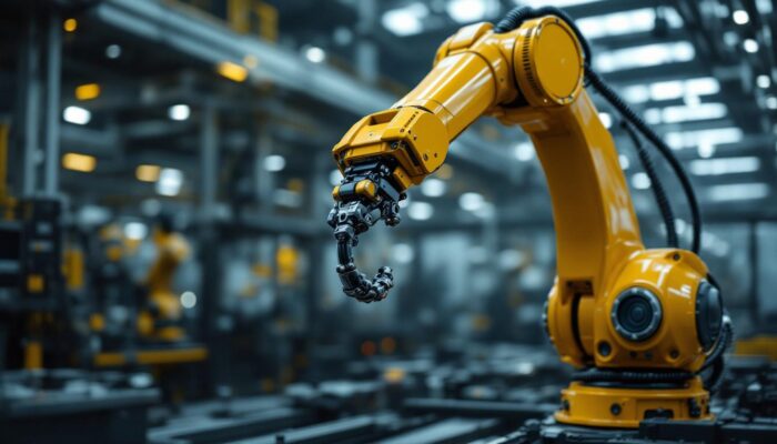 A photograph of a sleek industrial robotic arm in action