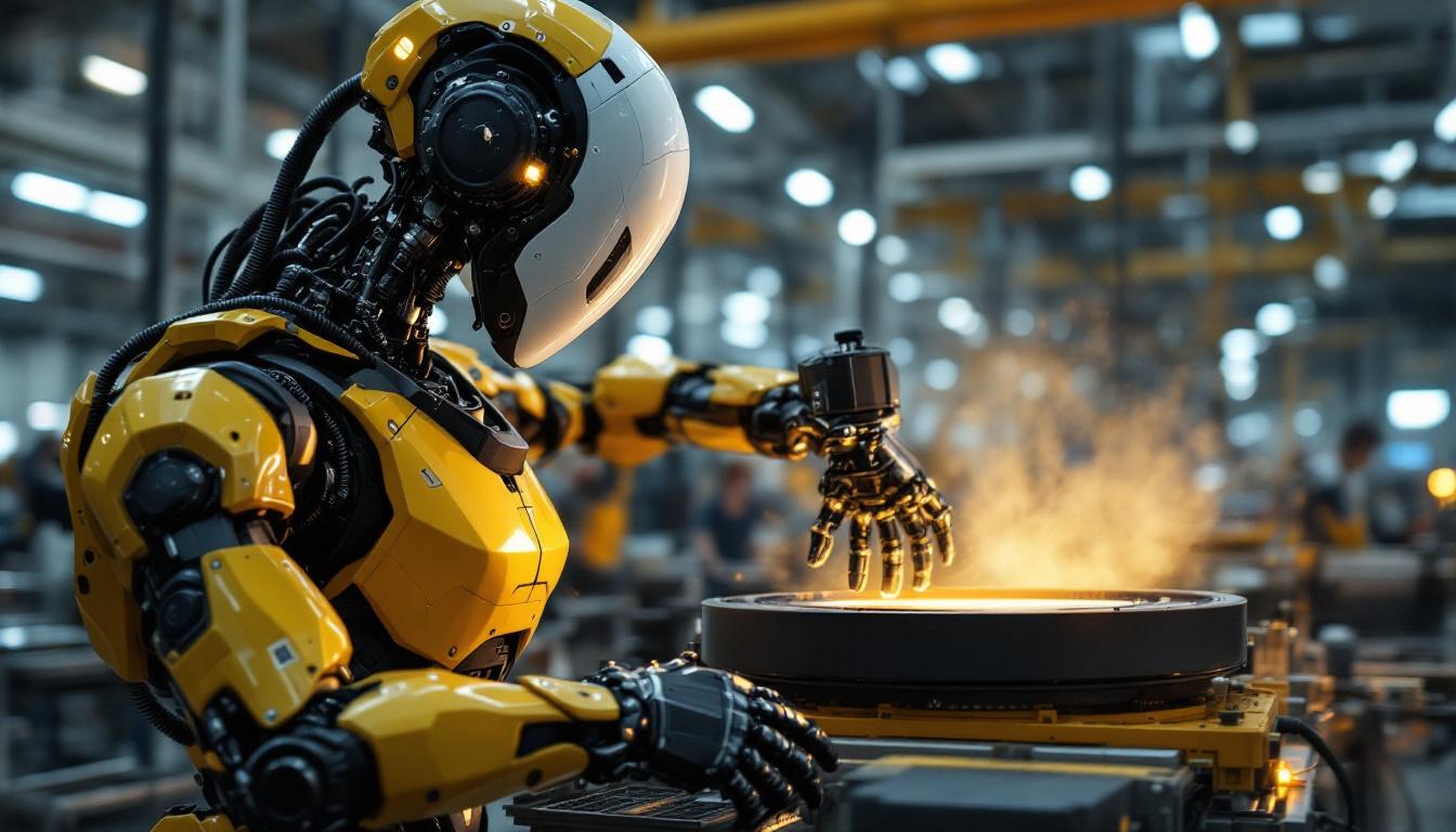 A photograph of a sleek industrial robot in action within a modern manufacturing facility