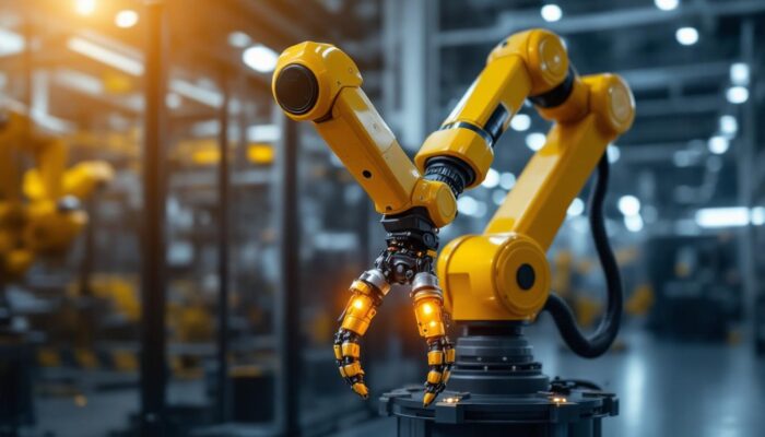 A photograph of a sleek industrial robotic arm performing a precise stretching motion