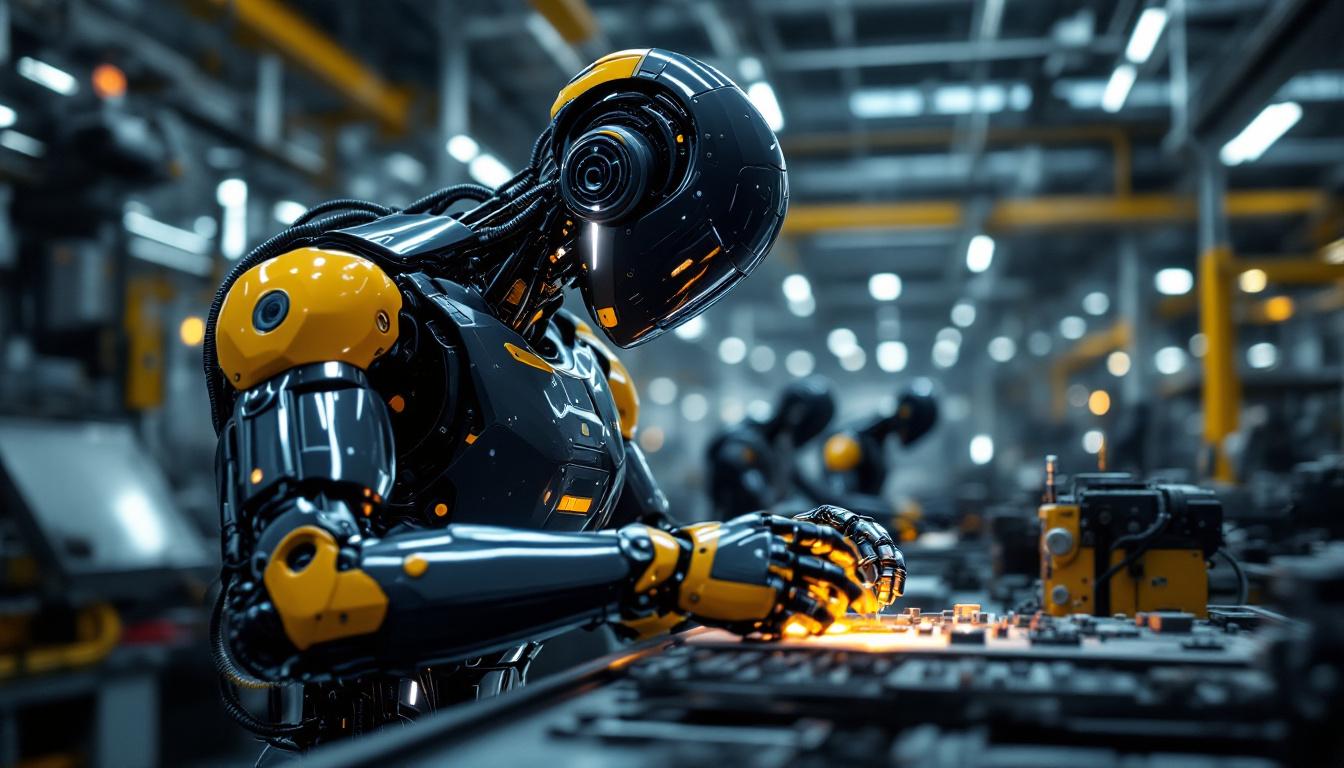A photograph of a sleek industrial robot in action within a modern manufacturing environment