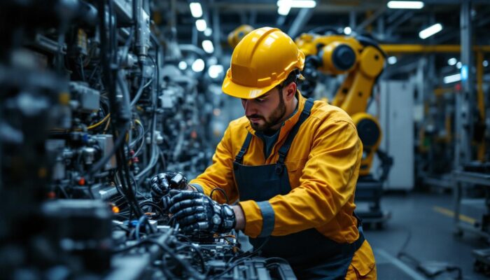 A photograph of a skilled electrical engineer working on an industrial robotic system