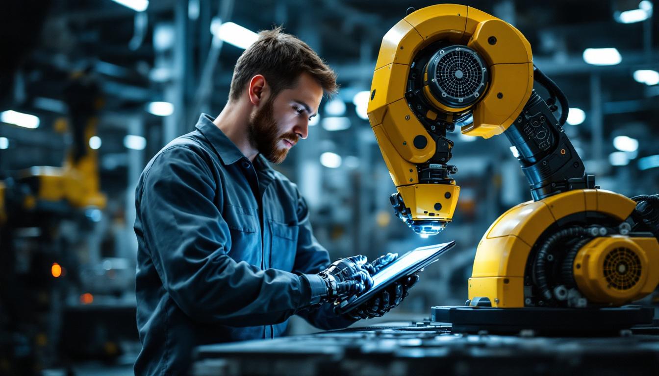 A photograph of a skilled engineer programming an industrial robot in a high-tech manufacturing environment