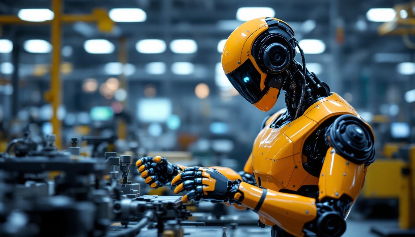 A photograph of a sleek industrial robot in action within a modern manufacturing facility