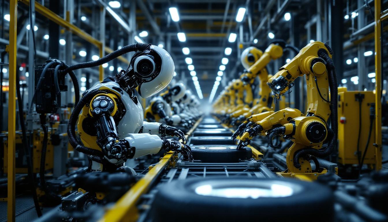 A photograph of a bustling michelin manufacturing plant showcasing industrial robots at work on the production line
