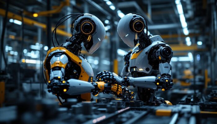 A photograph of a sleek industrial robot in action within a modern manufacturing environment