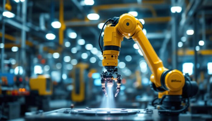 A photograph of a sleek industrial robotic arm in action