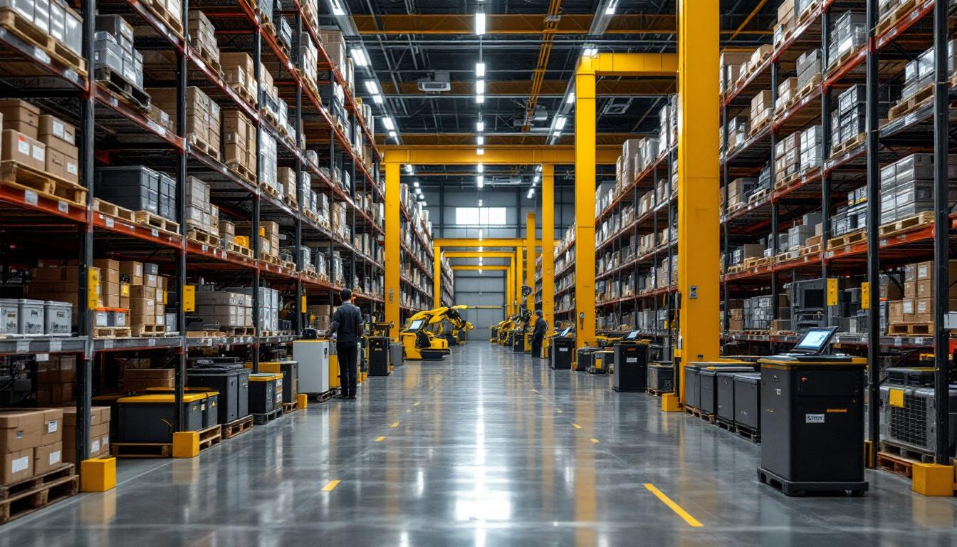 A photograph of a well-organized battery warehouse featuring various types of industrial batteries and robotic systems in action