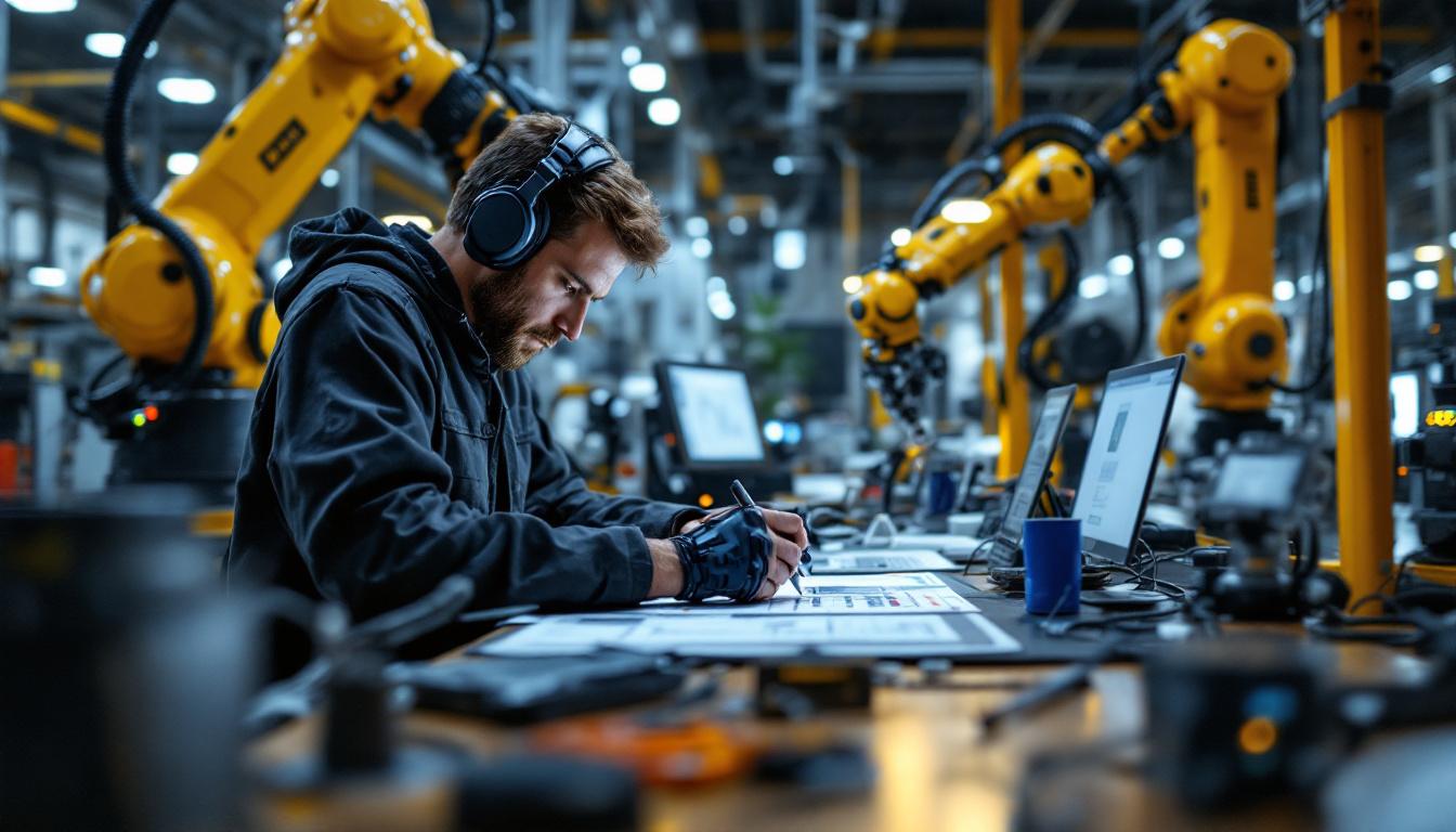 A photograph of a dynamic industrial setting featuring a 3d artist at work