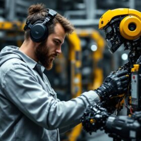 A photograph of capture a photograph of a skilled engineer or intern working hands-on with an industrial robot