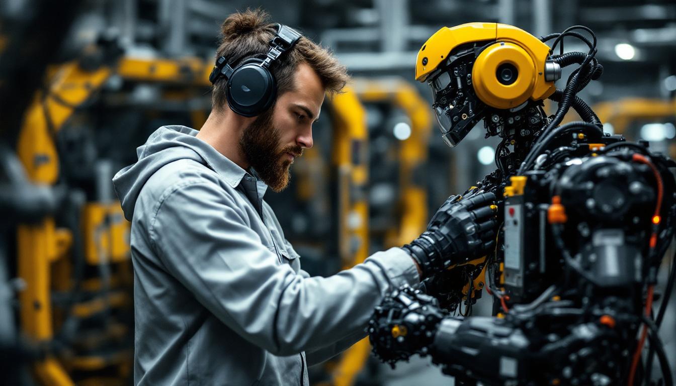 A photograph of capture a photograph of a skilled engineer or intern working hands-on with an industrial robot