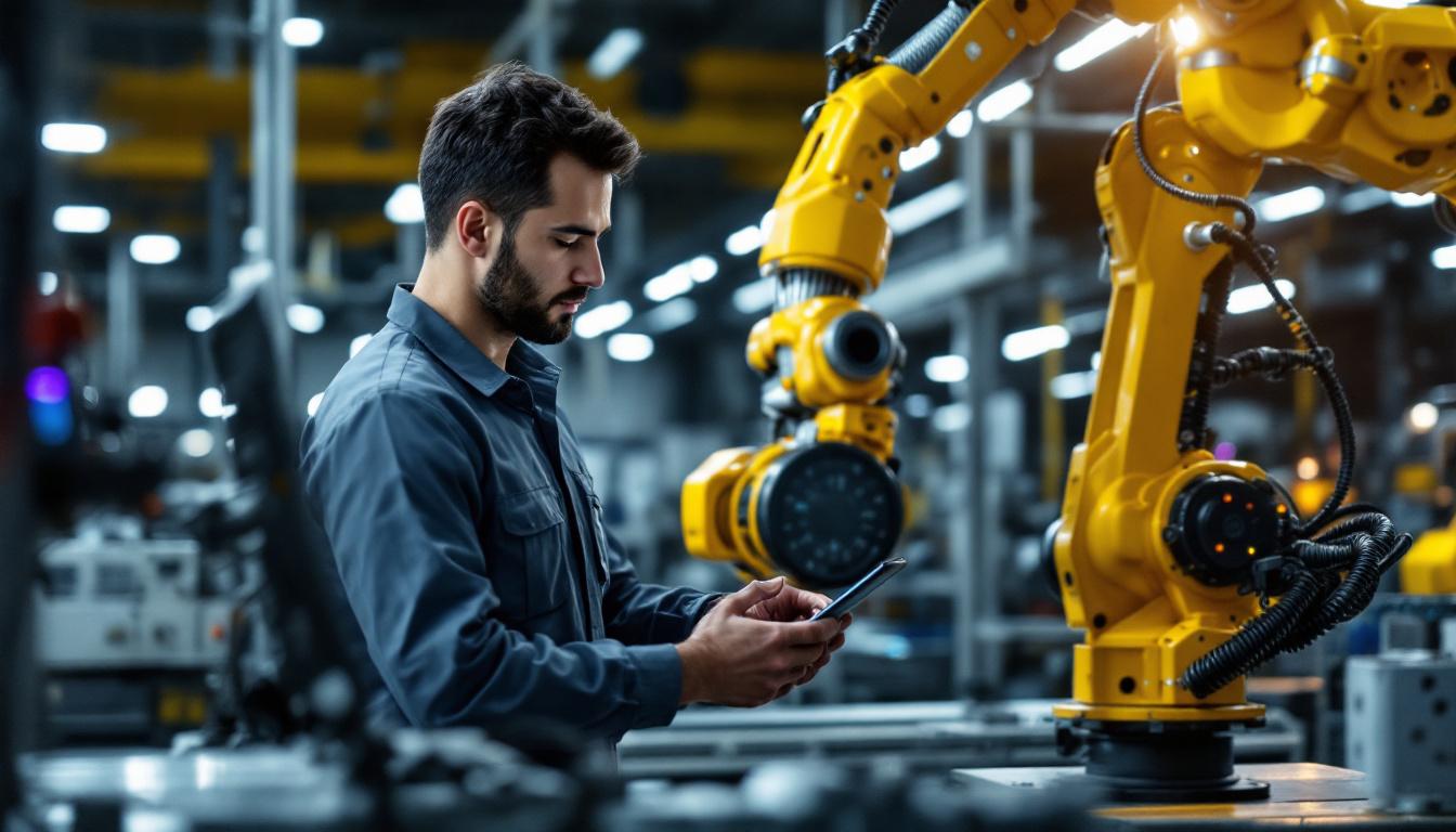 A photograph of a skilled technician programming or operating an industrial robot in a modern manufacturing environment
