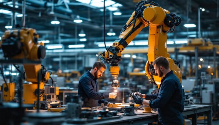A photograph of a dynamic industrial robotics workspace in billerica
