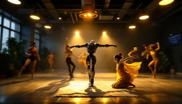 A photograph of a dynamic dance studio scene where an industrial robot is gracefully interacting with dancers