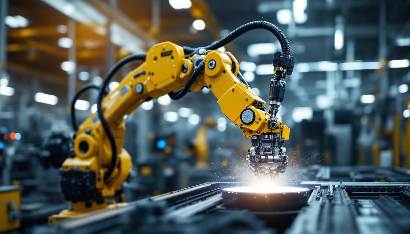 A photograph of a modern industrial robotic arm in action within a manufacturing environment