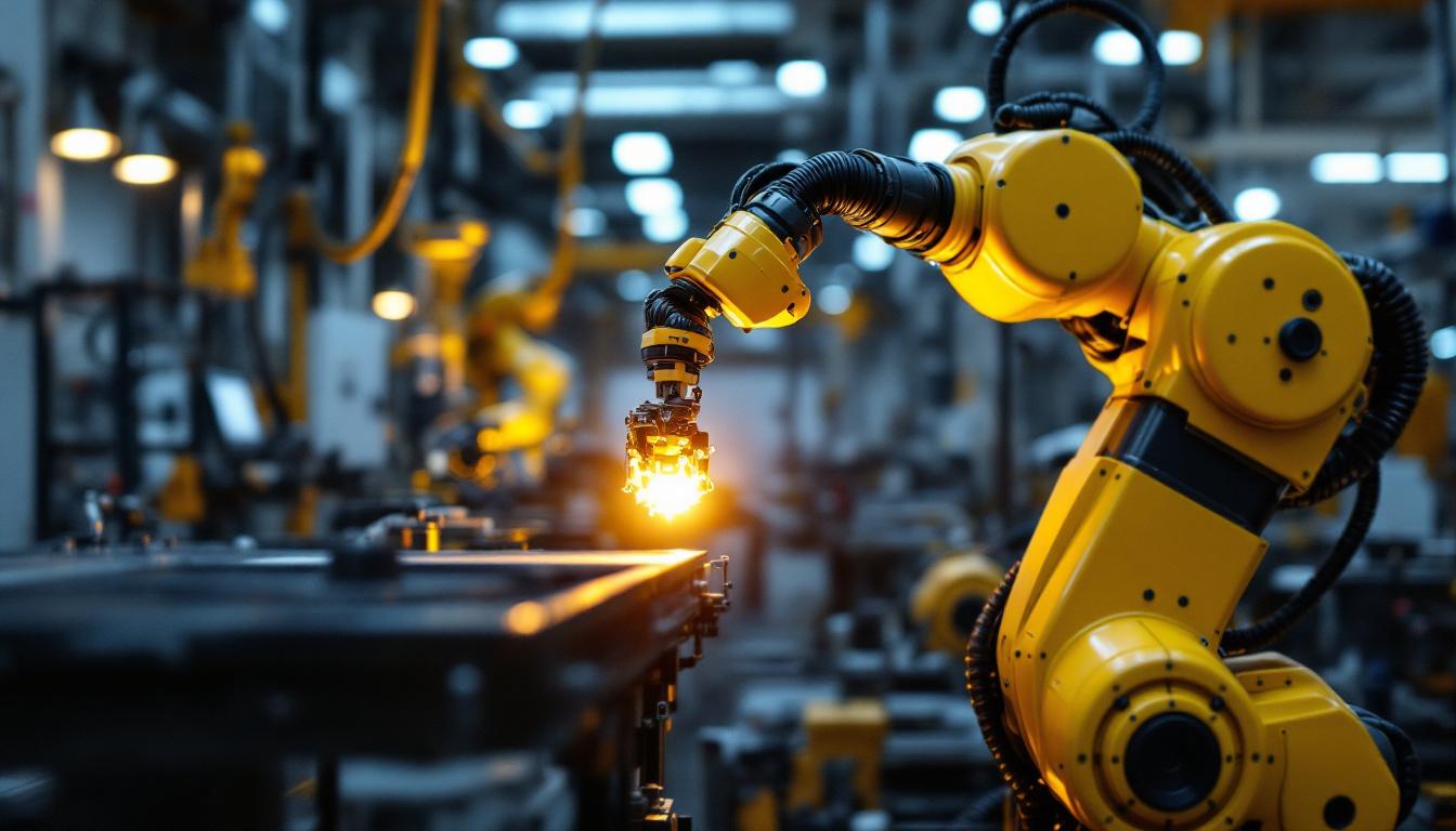 A photograph of a sleek industrial robotic arm in action at boston scientific's houston facility