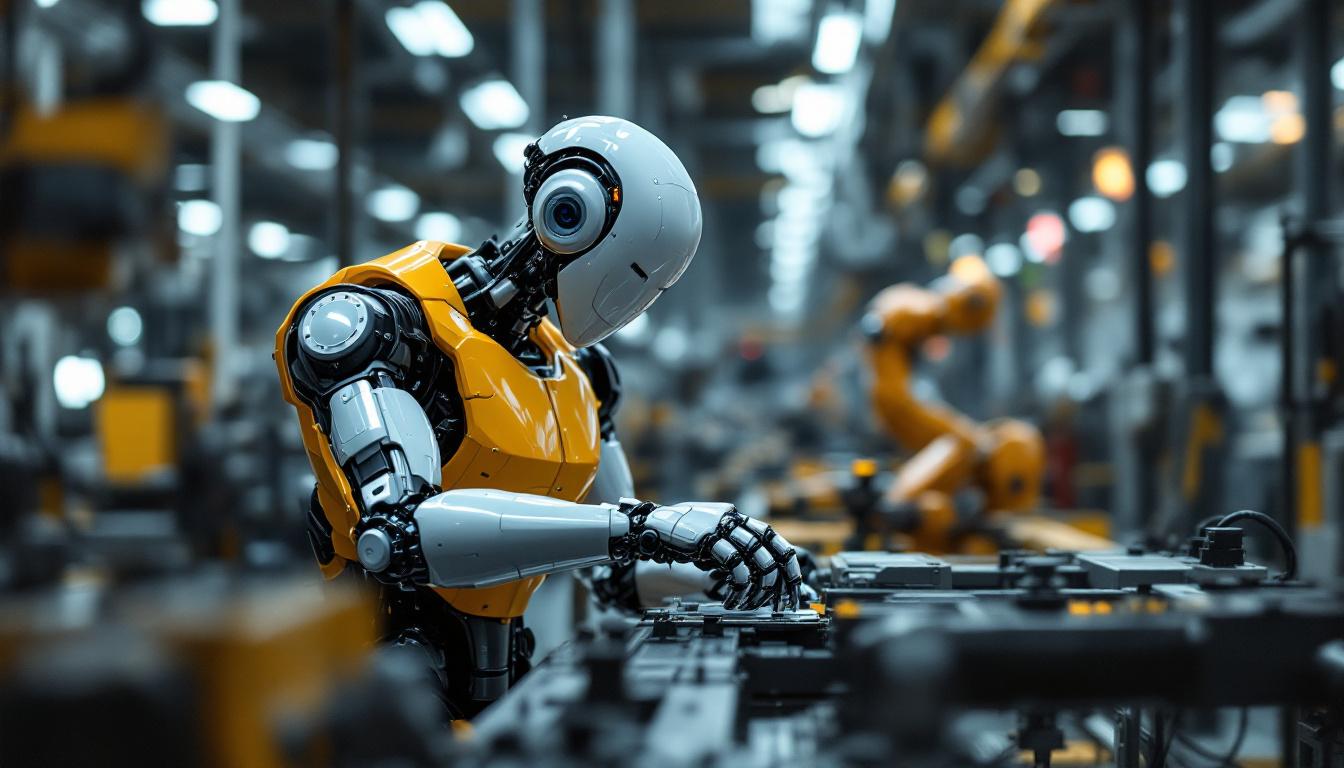 A photograph of a sleek industrial robot in action within a manufacturing setting