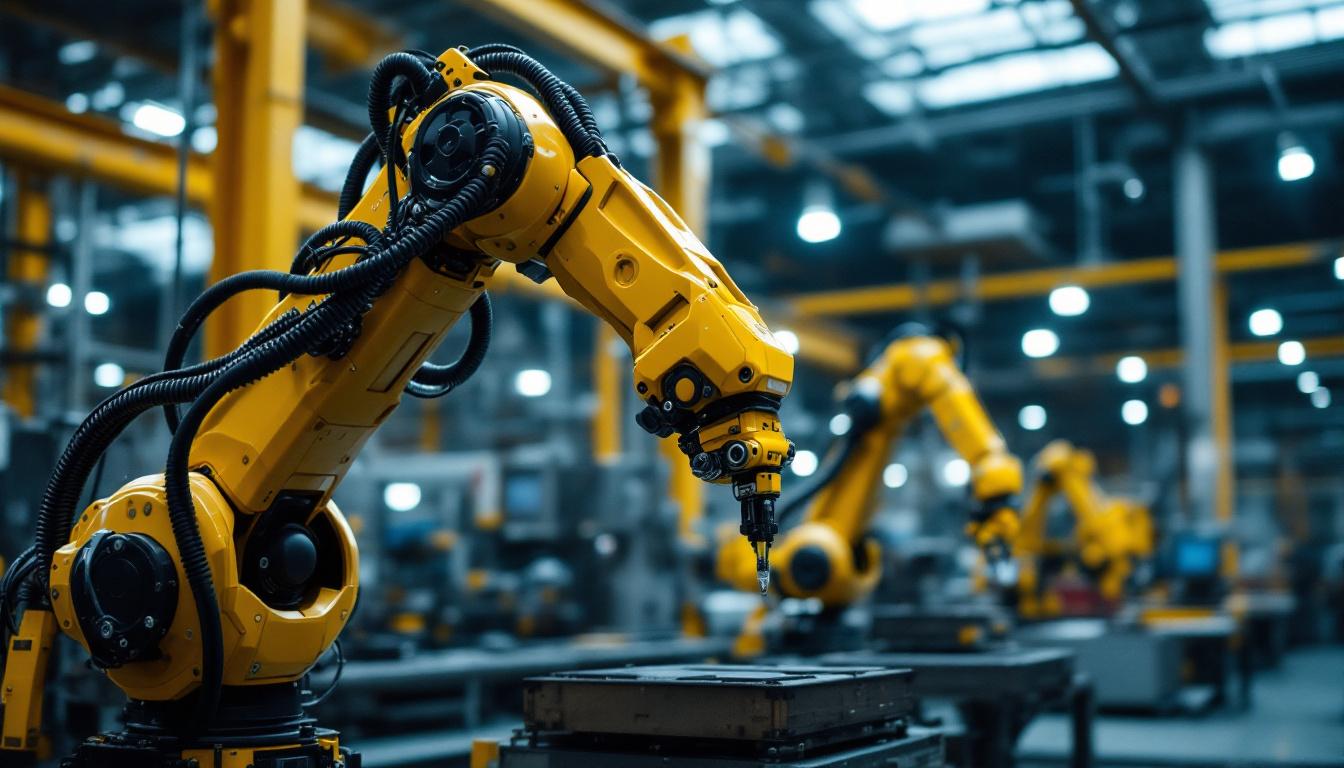 A photograph of a dynamic industrial robotic arm in action within a boston manufacturing facility