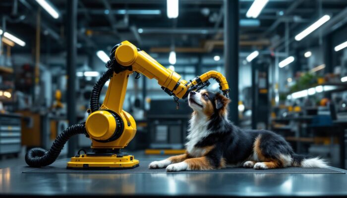 A photograph of a dynamic industrial robotics lab where a robotic arm is interacting with a playful dog