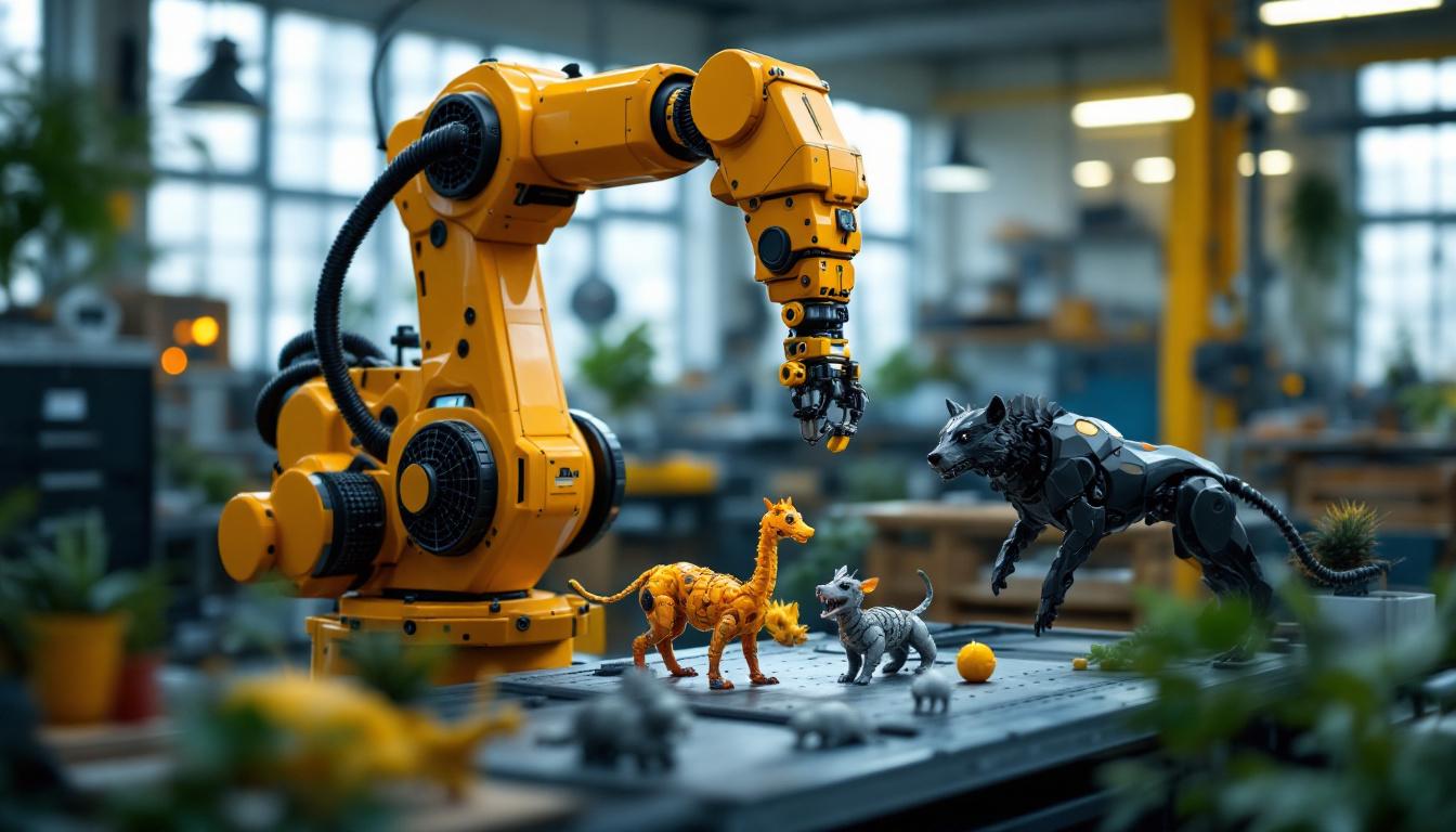 A photograph of a dynamic industrial robotic arm in action