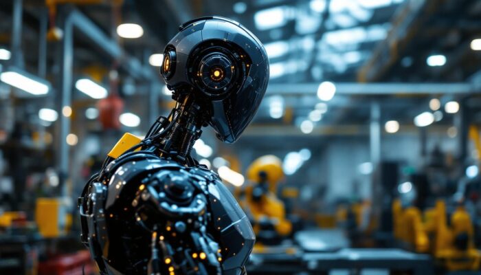 A photograph of a sleek industrial robot in action within a modern manufacturing facility