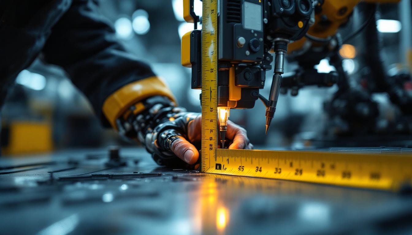 A photograph of a skilled technician measuring the base of an industrial robot