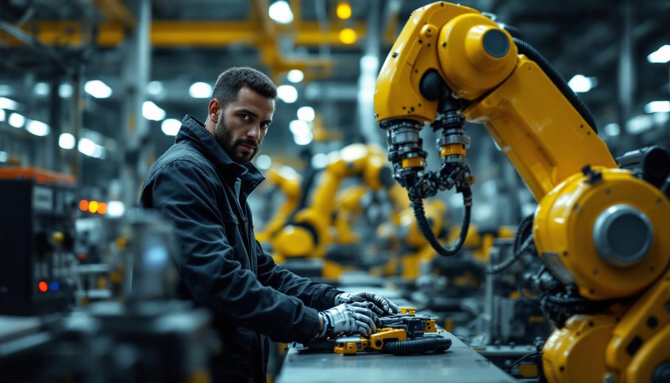 A photograph of a skilled industrial engineer working alongside advanced industrial robots in a modern manufacturing facility
