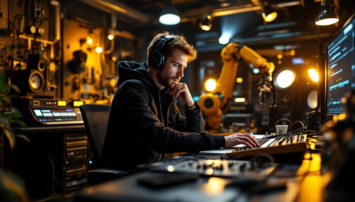 A photograph of a skilled audio engineer working in a vibrant studio setting