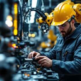 A photograph of a skilled electrical engineer working on an industrial robot in a modern manufacturing environment