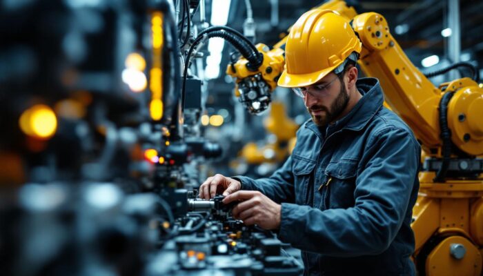 A photograph of a skilled electrical engineer working on an industrial robot in a modern manufacturing environment